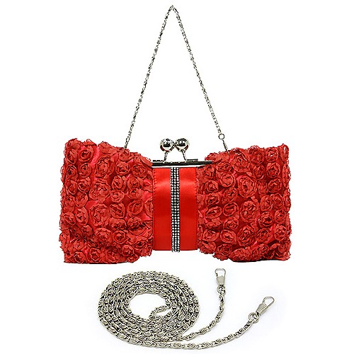 Evening Bag - Rosettes w/ Linear Beads - Red - BG-639F-RD
